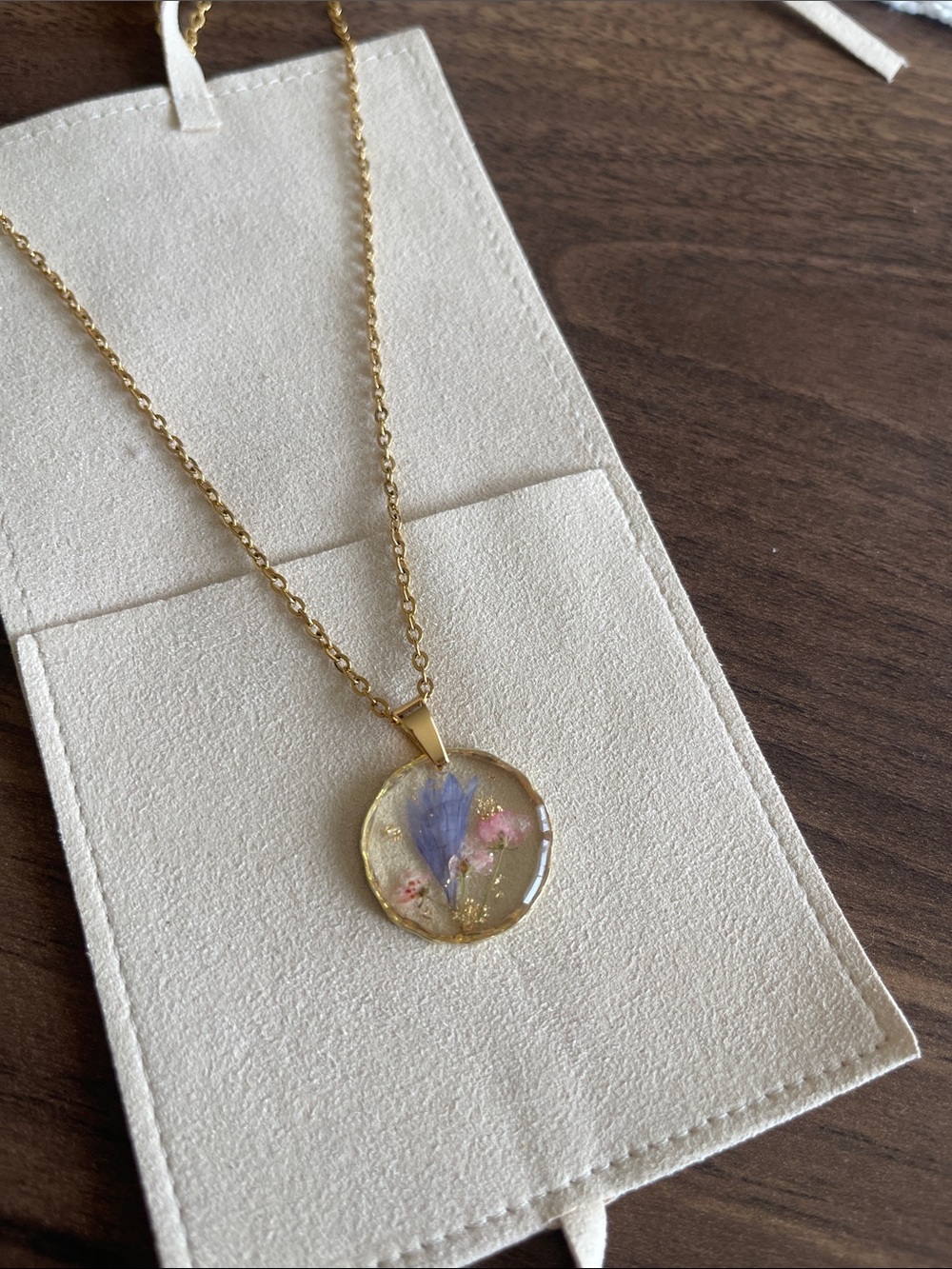 Gold Floral Resin Pendant Necklace with Blue & Pink Accents